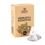 Pudełko z herbatą z konopi obok dwie piramidki wypełniony Herbata