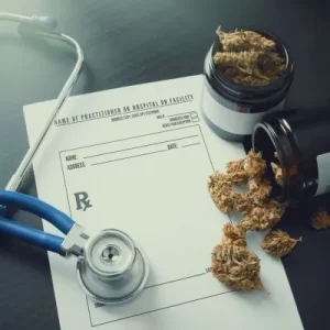 marihauna do celów medycznych - obrazek z suszem konopnym receptą i stetoskopem