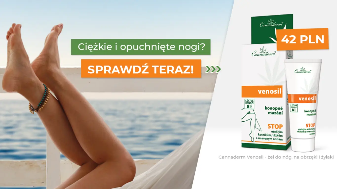 Venosil - maść konopna banner Banner przedstawiający niesamowitą maść konopną w formie żelu o nazwie Venosil producenta czeskich produktów Cannaderm, banner główny prowadzi do produktu na opuchnięte nogi